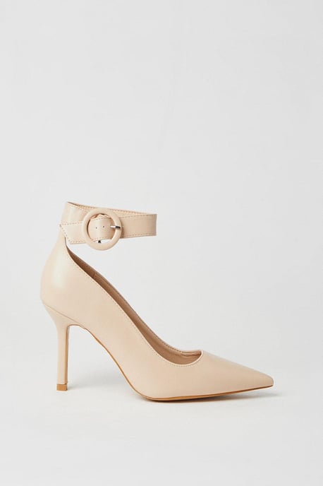 Faith: Chantelle Buckle Ankle Strap High Stiletto Court Shoes