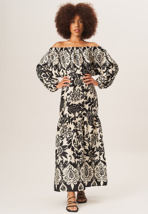 Mono Border Print Bardot Maxi Dress