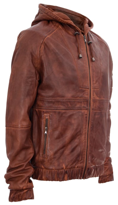 Leather bomber and cycling jacket with hood and zipper