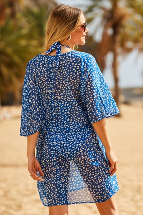 Blue & White Fleck Print Tie Waist Beach Kaftan