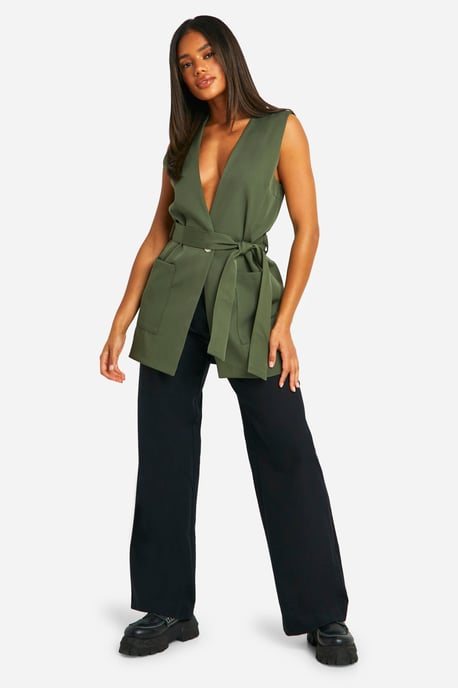 Longline Sleeveless Belted Blazer
