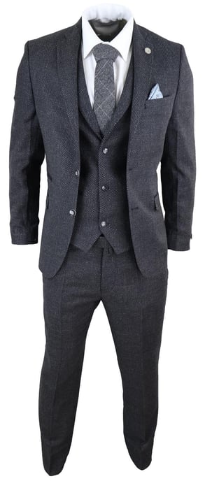 Traje de tweed de espiga negro de tres piezas para hombre - Image 2
