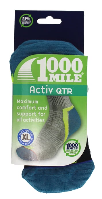1000 Mile - Calcetines acolchados para hombre Active Quarter Repreve con puntera plana - Negro / Teal - Image 2