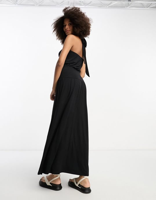 ASOS DESIGN halter neck midi dress with crochet bodice in black-Brown