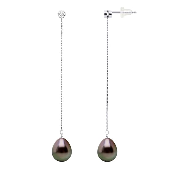 Earrings Prestige -Diamonds 0,02 Cts - White Gold - Real Cultured Tahiti Pearls Pear 9-10 mm - Image 1