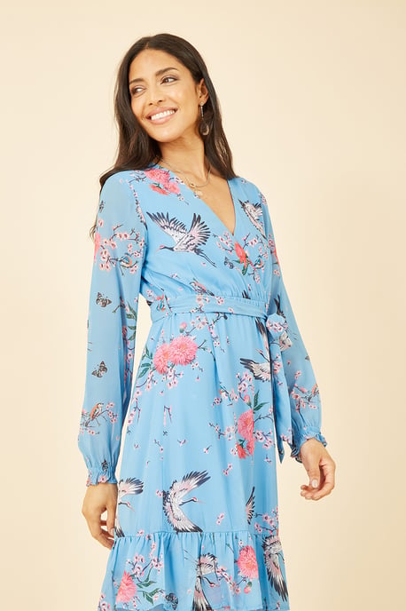 Blue Crane Print Long Sleeve Wrap Midi Dress