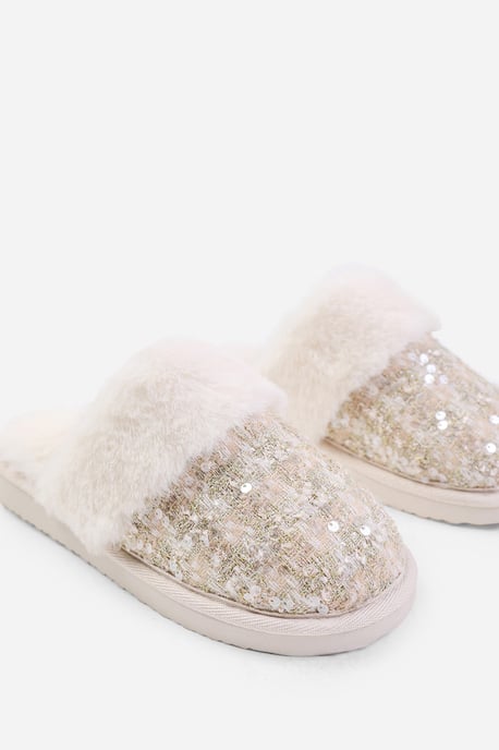 Wheres That From Womens 'Snuggle' Slip On Sequin Slippers With Fur Trim