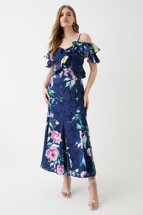 Georgette Jacquard Frill Midi Dress