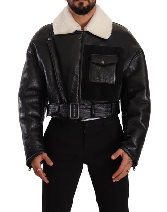 Abrigo de motociclista de cuero negro con forro de piel de oveja para hombre de Dolce & Gabbana - Image 1