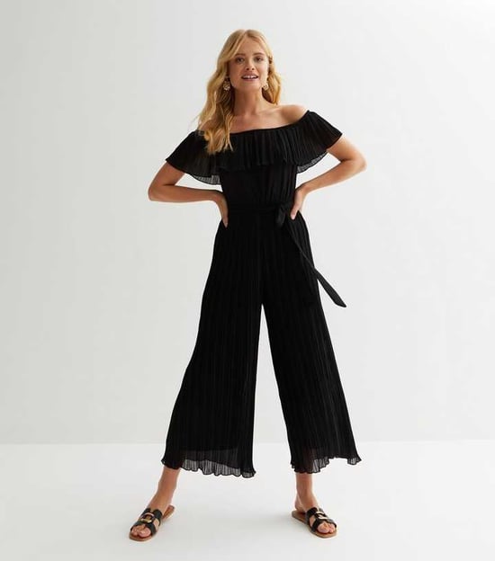 Pleated Bardot Ruffle Culottes Jumpsuit
