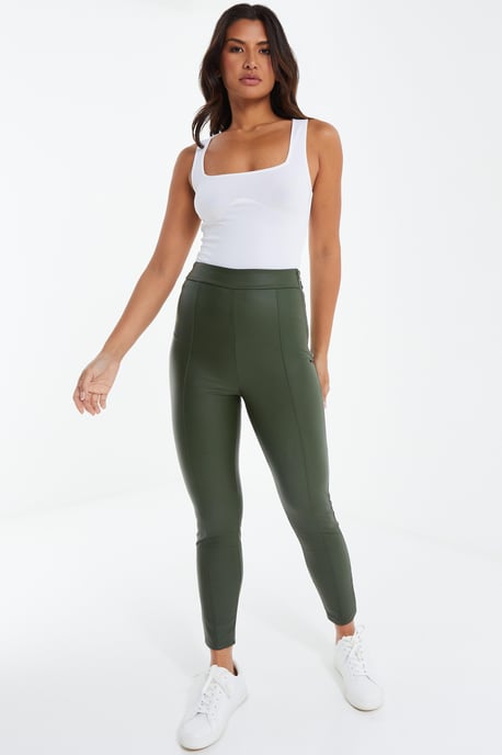 Khaki Faux Leather Seam Leggings