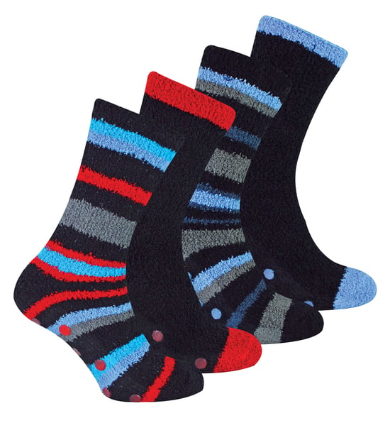 4 Pares de Calcetines de Cama para Hombre |Thermal Anti Slip Fuzzy Slipper Socks - Blue / Red Stripe - Image 1