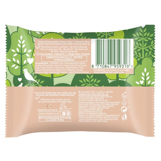 Simple Protect 'N' Glow Instant Cleansing Wipes for Dull & Tired Skin, 6 Pack