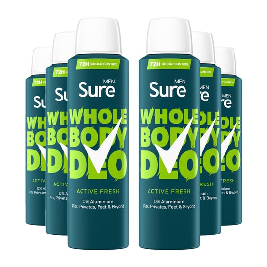 Sure Men Whole Body Deodorant Spray Active Fresh w/ 72H Odour Control 150ml, 6pk