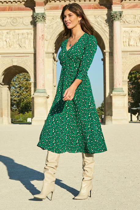 Green Animal Print Ruched Front Midi Dress