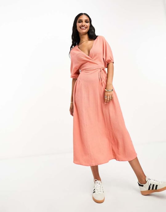ASOS DESIGN textured crinkle wrap midi dress with tie side in light rust-Orange