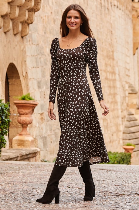 Chocolate Brown Fleck Print Square Neck Midi Dress