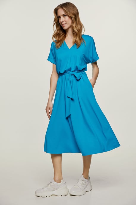 Turquoise Jersey Belted Midi Dress