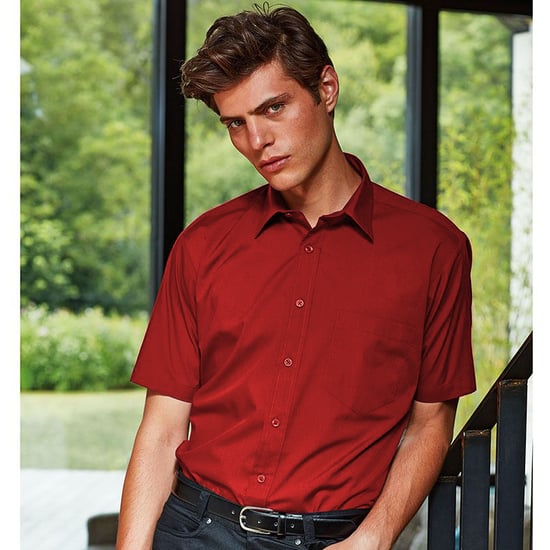 Premier Mens Short Sleeve Formal Poplin Plain Work Shirt (Red) - Image 2