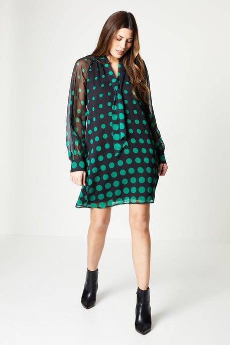 Spot Border Balloon Sleeve Shift Dress