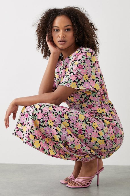 Pink Floral Flutter Sleeve Shirred Waist Midi Dress - Image 2
