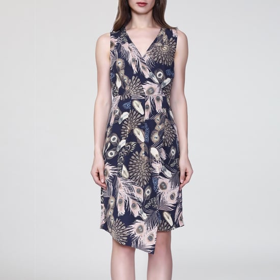 Mid-length cross-heart dress with feather print - Image 1