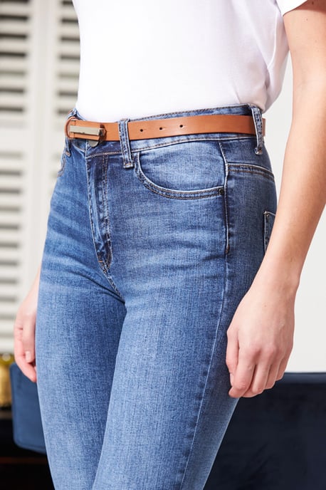 Tan Leather Slim Waist Belt With Silver Clasp