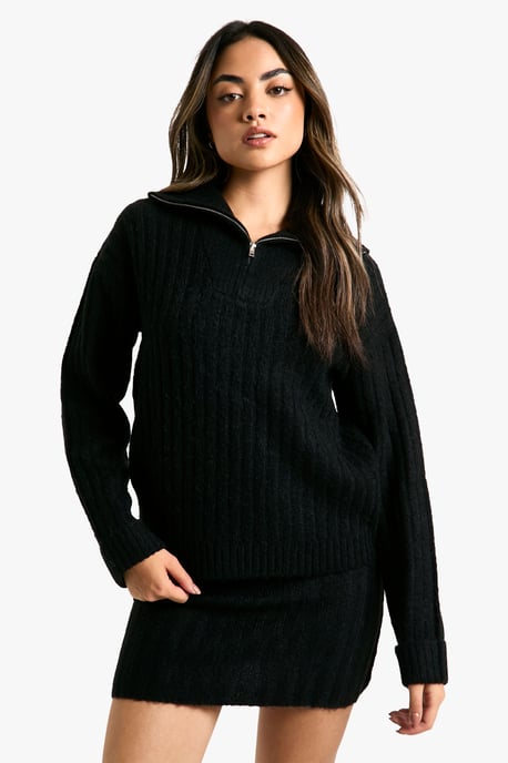 Soft Knit Thick Rib Zip Neck Oversized Jumper And Mini Skirt Set - Image 1