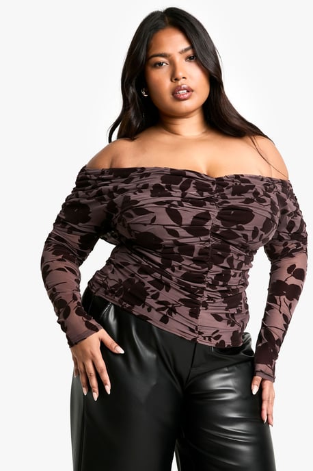 Plus Bardot Ruched Devore Top - Image 1