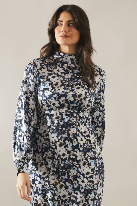 Floral Print High Neck Satin Midi Dress