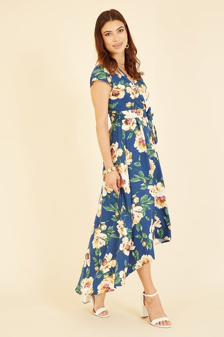 Mela Blue Painted Floral Print Dipped Hem Wrap Dress