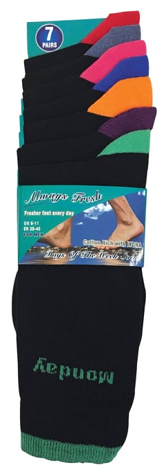 7 Pack Mens Black / Coloured Heel and Toe Day of the Week Cotton Socks - Image 2