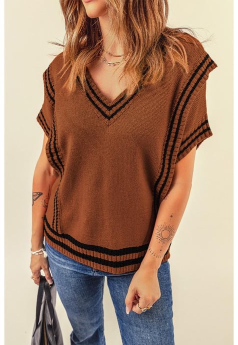 Azura Exchange Women's Contrast Stripes V Neck Short Sleeve Sweater in Brown - Image 2