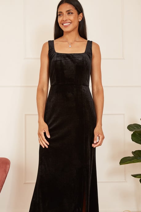 Black Velvet Fitted Midi Dress
