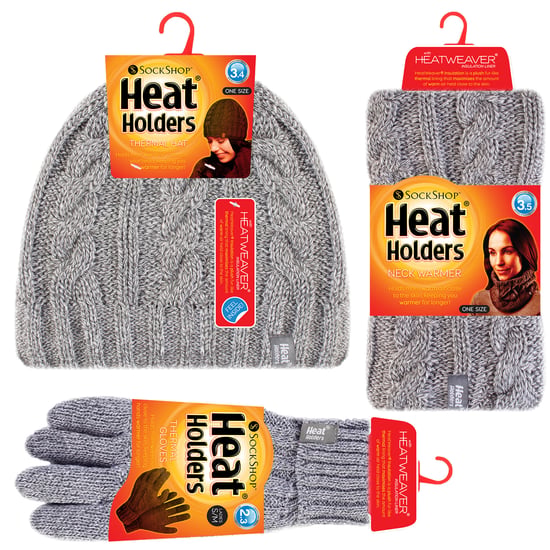 Heat Holders - Womens Thermal Winter Fleece Hat, Neck Warmer and Converter Gloves set - Light Grey - Image 2