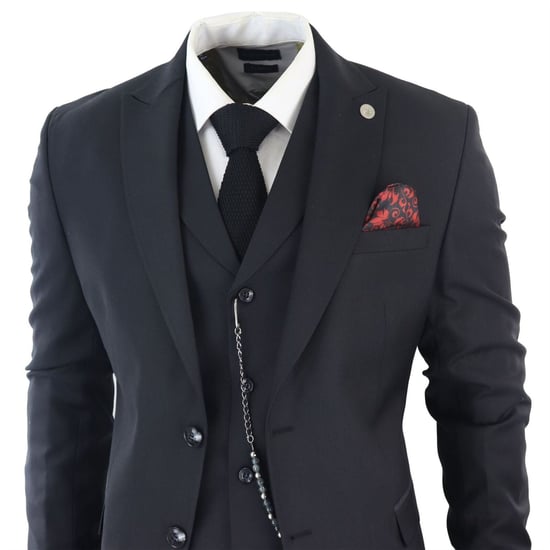 Traje clásico negro liso de tres piezas para hombre - Image 3