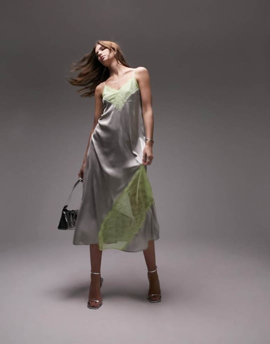 Topshop lame and lace cami midi dress in silver and lime