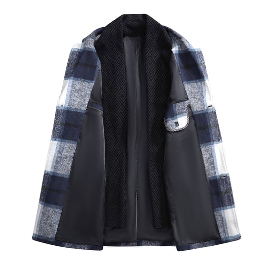 Men's Long Slim Fit Checked Winter Thick Coat with Shawl Collar Blue