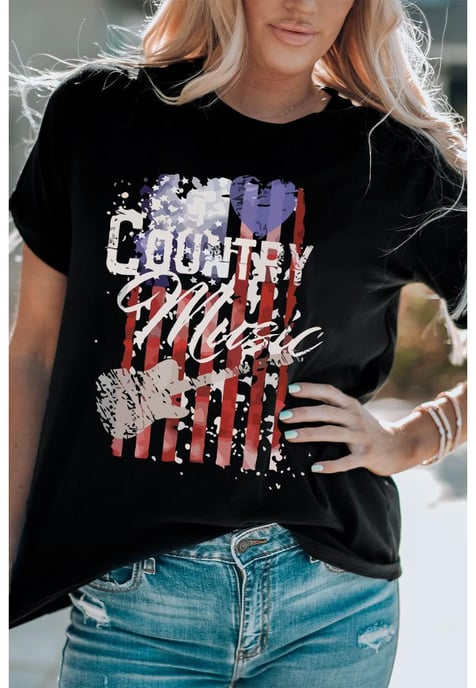 Camiseta de manga corta negra con estampado de la bandera americana de para mujer - Image 3