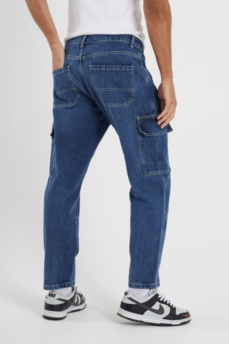 Mid Blue Loose Fit Cargo Style Denim Jeans - Image 2