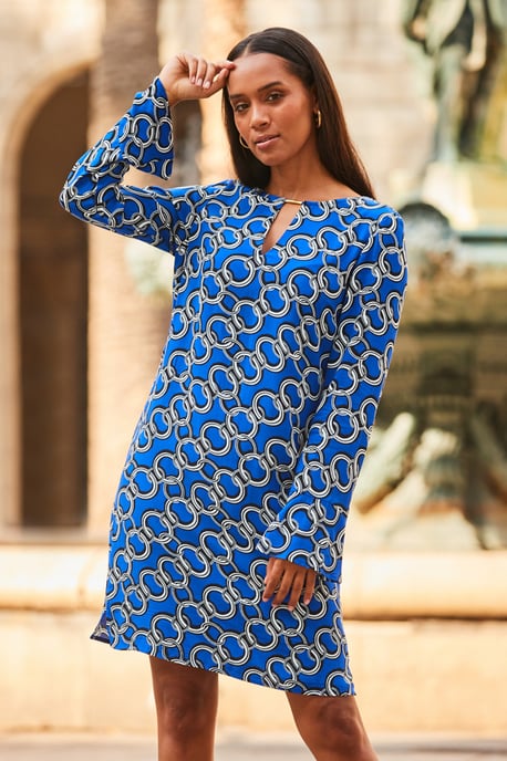 Blue Chain Print Tab Detail Shift Dress