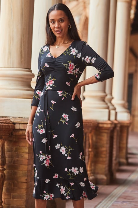 Black & White Floral Print Jersey Midi Dress