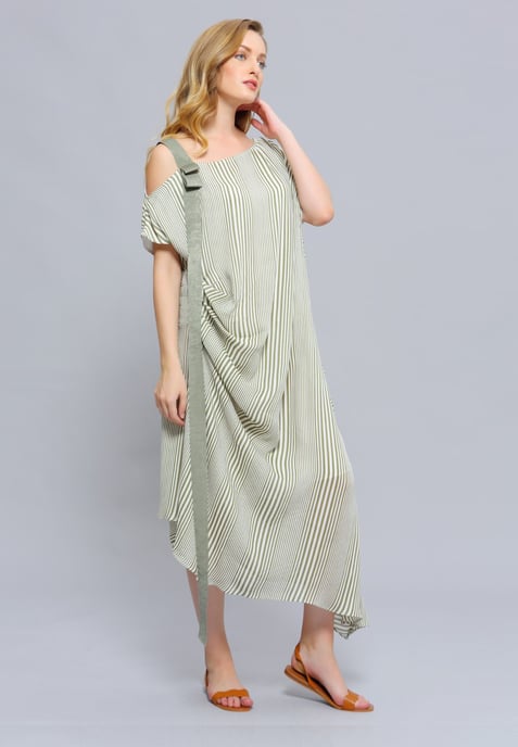 Asymmetric Draped Stripe Print Midi Dress
