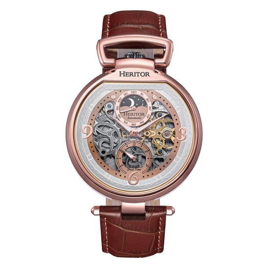 Heritor Automatic Lincoln Leather-Band Skeleton Watch with Moon Phase