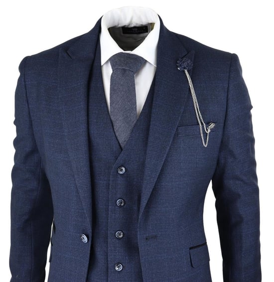 Traje clásico retro de tweed a cuadros azul marino de 3 piezas para hombre - Image 5