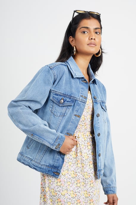 Mid Blue 'Blooms' Western Style Denim Jacket