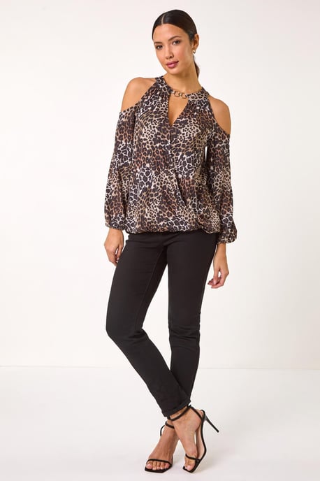 Animal Print Cold Shoulder Stretch Top