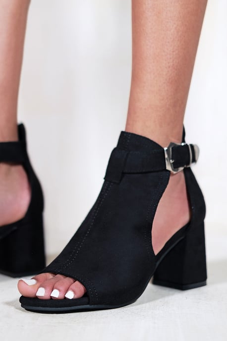 Where's That From Womens Lisa Block Heel With Side Buckle And Open Toe Front - Black Suede