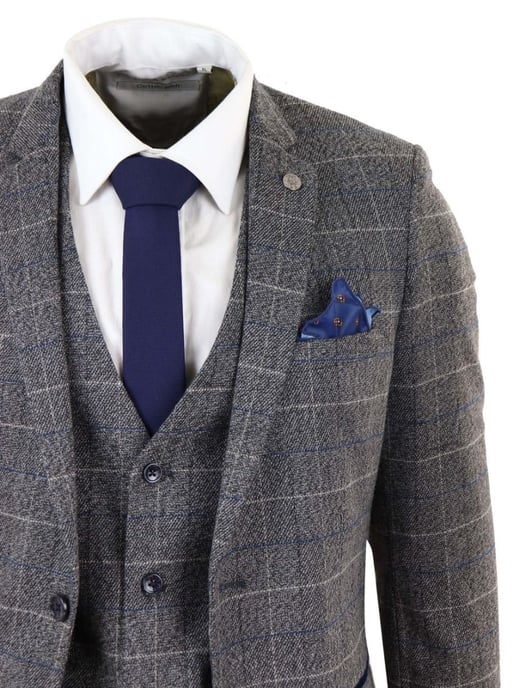 Traje clásico vintage de 3 piezas para hombre, gris y con cuadros azules - Image 5