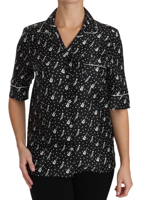 Camisa de seda negra con estampado de guitarra y trompeta para mujer de Dolce & Gabbana - Image 5